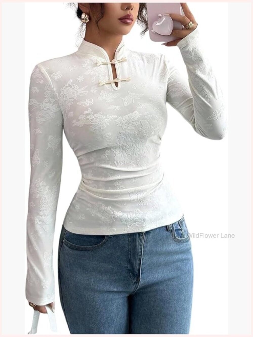 Floral Jacquard Mock Neck Long Sleeve Ruched Top